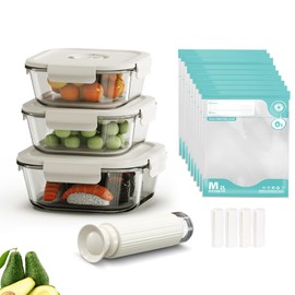 CABIBOX Glass Vacuum Seal Containers for Food Storage, Set of 3 Borosilicate Glass Sealer Container, 10 Reusable Food Saver Sealer Bags, Keep Food Fresh Longer, Ideal for Meal Prep, Marinating| Square