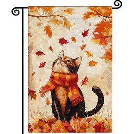 Cat Fall Garden Flag 12x18 Inch Double Sided,Maple Leaves Thanksgiving Burlap Autumn Seasonal Holiday Yard Outdoor Decor cat3