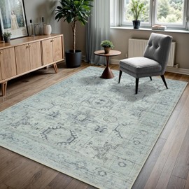 GLN Rugs Bohemian Collection - Machine Washable Area Rug, Bohemian Vintage Washable Rug, Non Slip Area Rug, Low Pile Chenille Living Room Rug, Bedroom Rug, Bathroom Rug (6'x9' Beige and Gray Rug)