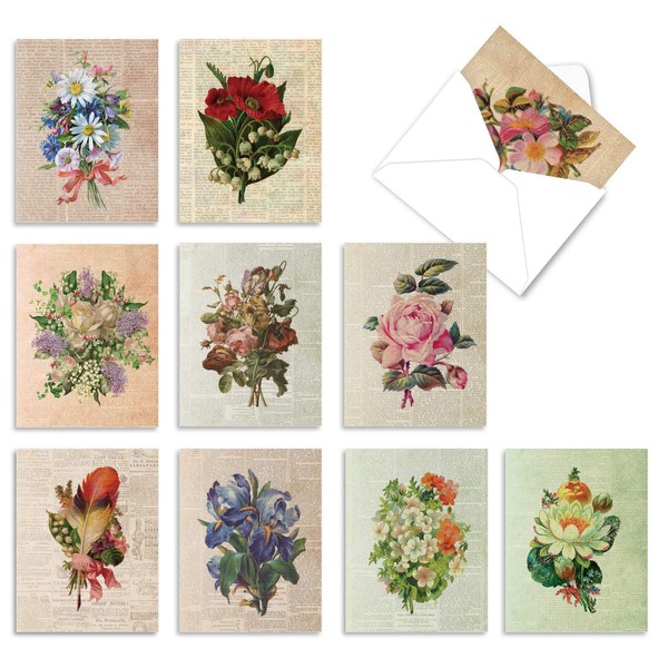 10 Vintage ‘Flower Press' Thank You Cards with Envelopes 4 x 5.12 inch, Vintage Bouquets Pressed in Newsprint, Boxed Note Cards for Expressing Gratitude, Bulk Set of Greeting Cards M6454TYG