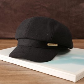 Qzkouma JSXB-7410 Casket Hat, Cap, Autumn and Winter, Cold Protection, Metal Strip Decoration, Hunting Hat, Brim Included, Women's, Men's, UV Protection, Small Facial Effect, Stylish, Black