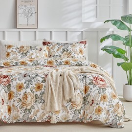 Lekesky Double Duvet Cover Set Floral Bedding - Large Flowers Print White Double Duvet Set (1x Quilt Cover, 2x Pillowcases) Soft Microfiber White Floral Bedding 200x200 cm
