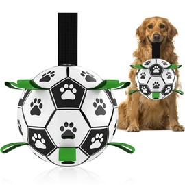 QDAN Dog Toys Soccer Ball with Straps, World Cup Interactive Dog Toys for Tug of War, Puppy Birthday Gifts, Dog Tug Toy, Dog Water Toy, Durable Dog Balls for Medium Large Dogs（8 Inch）