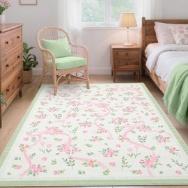 GarveeHome Coquette Green Rugs for Bedroom Girls, 5x7 Area Rugs for Living Room with Soft Low Pile, Non Slip Floral Bow Washable Rug 5x7 for Nursery Kids Playroom Dining Room College Dorm Rug