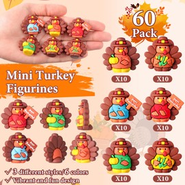 Domensi 60 Pcs Thanksgiving Mini Turkey Figurine Colorful 3 Styles Little Turkey Figures for Thanksgiving Gifts Pumpkin Corn Rubber Small Chicken Statue for Autumn Fall Decor Hide and Seek(Multicolor)