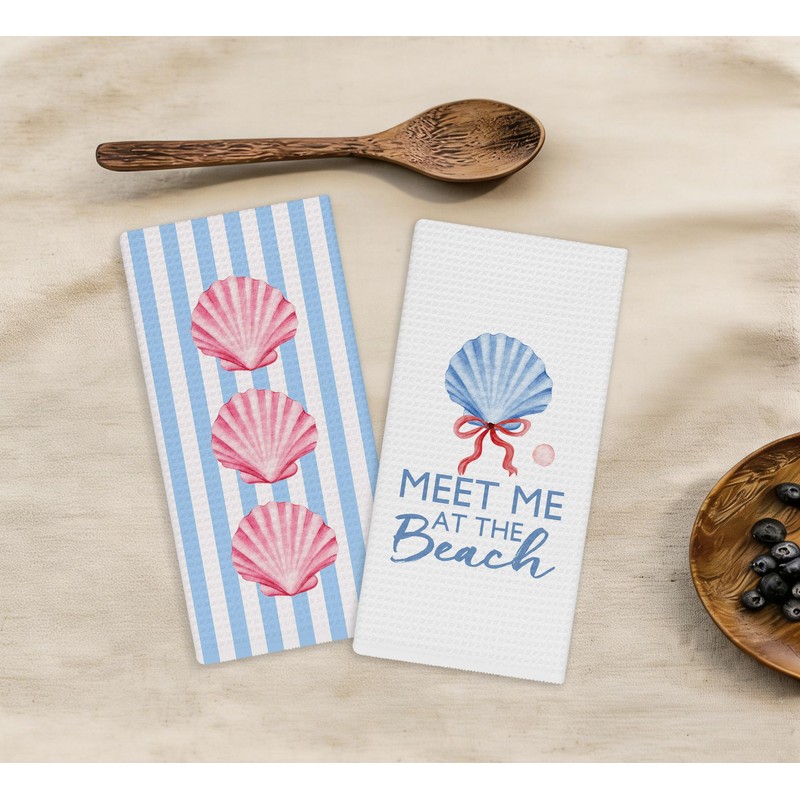 Coastal Preppy Beach Seashell Kitchen Dish Towels Dishcloth 16x24 Inches,