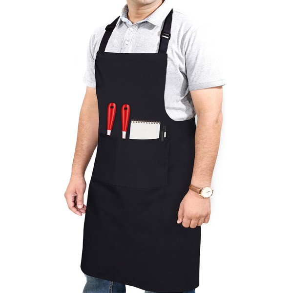 RUVANTI Aprons for Men 1 Pack - Adjustable Cotton Enriched Thicker Waterdrop Resistant With 2 Pockets Cooking Kitchen Workshop Apron for Women Men Chef XXL Plus Size Long Lasting - Black