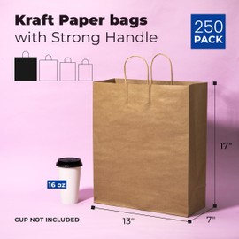 FMP Brands 250 Pack 13x7x17 Inches Large Kraft Paper Gift Bags with Handles Bulk, Durable Brown Paper Bags for Party Favors, Craft Gift Bag for Birthday Packaging, Small Business and Shopping Lunch