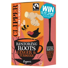 Clipper Organic Restoring Roots Ginger & Turmeric Tea Bags | 20 Tea Infusions in Envelopes | Caffeine Free Teabags | Fairtrade Herbal Tea Bags | Natural, Unbleached Plant-Based & Biodegradable Sachets