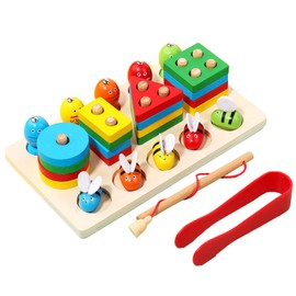 VVYY8985 3 en 1 Tablero Montessoripara Apilar y Clasificar,Lasificador de Formas Figura Geométrica Apilable,Juguete Educativo con Coloridos Postes Magnéticos de Pesca (Pesca Magnética)