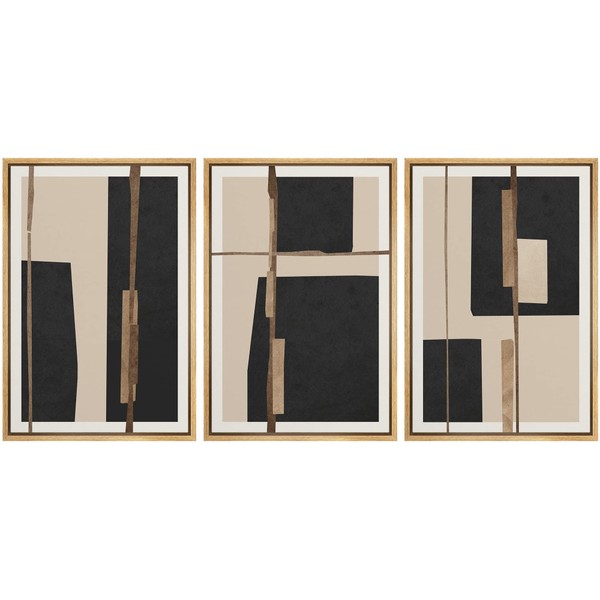 SIGNFORD Framed Canvas Print Wall Art Set Mid-Century Black Polygon