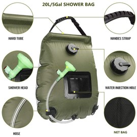 Camping Shower Bag, Topind 20L/5Gallons Portable Outdoor Solar Shower Bag with 50cm(20in) Removable Hose Shower Nozzle and Temperature Indicator for Beach Camping Swim Travel Hiking Trip