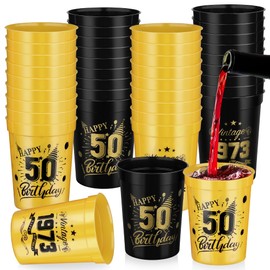 Shojoy 40 Pack Happy 50 Birthday Party Cups Black and Gold Birthday Stadium Cups 8 Ounces Reusable Plastic Tumblers for Birthday Anniversary Party Supplies Decors