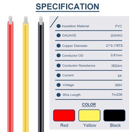 DAOKAI 20 Gauge PVC Electrical Wire 300V 20 AWG UL1007 Stranded Tinned Coated Copper Wires 3 Color (Black, Red, Yellow) 7m Each Cable Hook Up Wire Kit for 3D Printer, Model Car