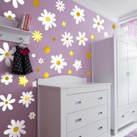 Boho Daisy Floral Wall Decals 9 Sheets White Gold Flower Stickers for Living Room Bedroom Boho Style Home Wall Decor (Daisy Flower)