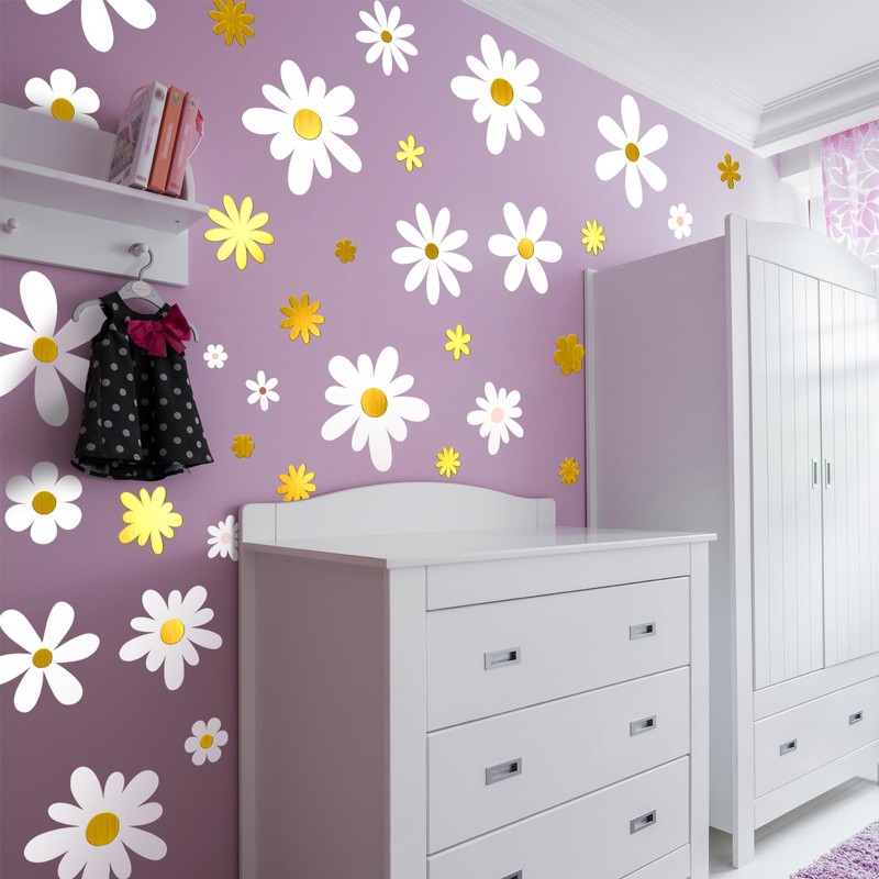 Boho Daisy Floral Wall Decals 9 Sheets White Gold Flower