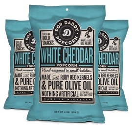 Pop Daddy Flavored Popcorn Gourmet | White Cheddar Flavor | Hand Seasoned Ruby Red Kernels Gluten Free Popcorn Snacks | 6oz Individual Bags | 3 Pack