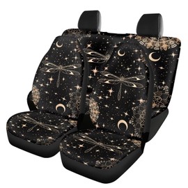 Dragonfly Star Moon Print Car Seat Cover Sets for Women Full Set of 4 High Back Bucket Seat Covers Suitable for All-Season Universal Fit Sedan SUV Truck, Black
