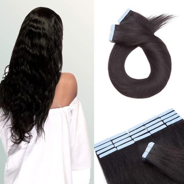 Hairro 20 Inch Tape in Hair Extensions Long Straight Human Hair 100g 40pcs/pack Thin Long Hair Seamless Skin Weft Glue in Human Hairpieces #1B Natural Black