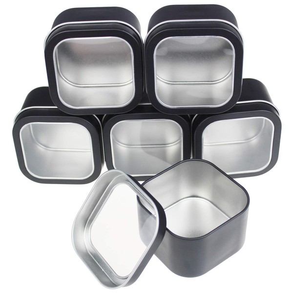6-Pack 8oz Empty Square Metal Tins with Clear Window for Candle Making, Candies, Gifts & Treasures, Black