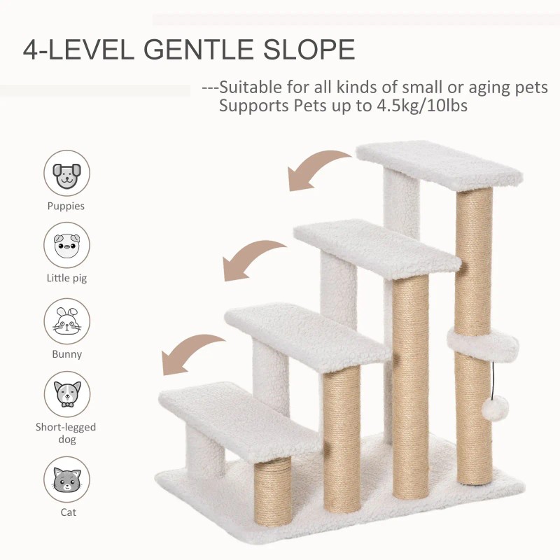 4-Level White Carpeted Wood Eco-Friendly Pet Stairs Cat Tree Climber
