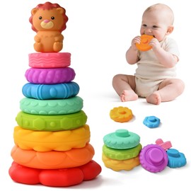Tacobear Stacking Toy with Rings Stacking Tower Baby Toy Stacking Game with Lion Figure Squeeze Teething Early Education Toy Gift for 6 12 18 Months Baby Boys Girls (Rainbow)