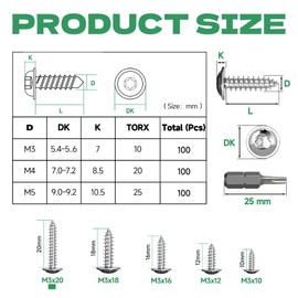 Flat Head Wood Screws Torx M3 x 20 mm, Self-Tapping Screws with Washer, Stainless Steel A2 V2A Torx Screws Fully Threaded, Wood Screws, Flat Head Screws with T10 Drill, Pack of 100