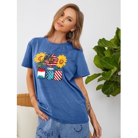 Camisa patriótica para mujer, lindas camisas del 4 de julio, camisa de girasol, playera con bandera americana, Azul, Large