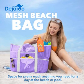 Dejaroo - Sand Free Mesh Bag - Strong Lightweight Tote For Beach & Vacation Essentials. Tons of Storage with 8 Pockets, Foldable, 17x9x15 inches, Pastel Purple with White Straps