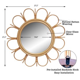 LIVDUCOT 27" Handmade Farmhouse Large Rattan Mirror for Wall Decor, Round Entryway Boho Mirror for Living Room Decor, Large Circle Wooden Mirror for Bathroom Hallway Decor