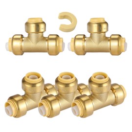 5-Pack Niikappu Pushfit Tee, 1/2"x1/2"x1/2" PEX Brass Push-fit Tee, Push to Connect Plumbing Fittings for PEX, Copper, CPVC, with Disconnect Clip(PF079)