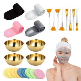 26 Pcs Esthetician Bowl Facial Supplies Set 4 Facial Bowls Esthetician, 4 Facial Brushes Esthetician 4 Flat Brushes Face Mask, 4 SPA Headbands for Women, 10 Face Sponges， Face Mask Mixing Bowl Set