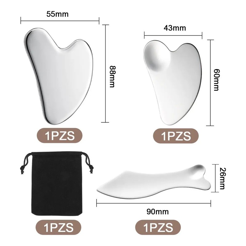 Kit 3 Piezas Guasha Facial Acero Inoxidable Masajes Cuello