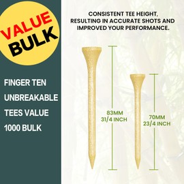 FINGER TEN Bamboo Golf Tees Wood 2 3/4 3 1/4 Inch Wooden Tee Color Bulk 250/500/1000/2000 Count with 2 Free Ball Marker USA Eagle for Men Women (Natural, 1000 Count(3 1/4 Inch))