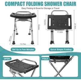 Height Adjustable Folding Shower Chair Seat, Stainless Steel Small Shower Chair for Inside Shower with,400lbs Portable Travel Shower Stool,Safety Anti-Slip Bath Chair for Seniors(Black)
