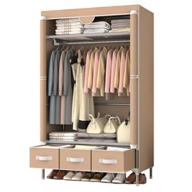 xixi-home Portable Wardrobe Closet,Foldable Clothes Organizer with 3 Drawers 35in Simple Non-Woven Fabric Wardrobe Multi-Functional Household Clothes Storage Cabinet with Cover and Hanging Rod-Khaki