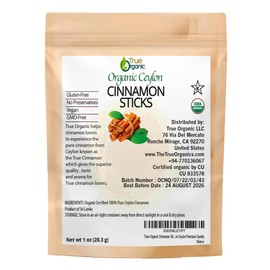 True Organic Cinnamon Sticks 01 Oz, Premium Grade, USDA Organic & Kosher Certified, Non-GMO, Ceylon Cinnamon stick, Perfect for Baking, Cooking, Drinks & Beverages, Pure Ceylon Premium Quality
