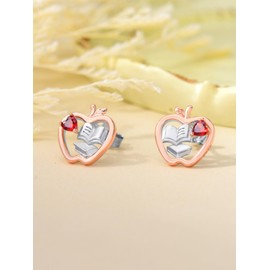 Lypic Teacher Earrings 925 Sterling Silver Apple Book Stud Earrings Thank You Teacher Appreciation Week Jewelry for Women Teacher