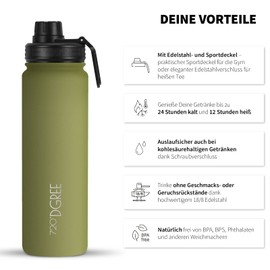 720°Dgree Stainless Steel Drinking Bottle "noLimit" - 950ml, 1200ml - Leak-Proof, Suitable for Carbonated Drinks, BPA Free, Insulated Bottle with Screw Cap for Sports, Fitness, Outdoors + Sports Lid, green, 1200ML