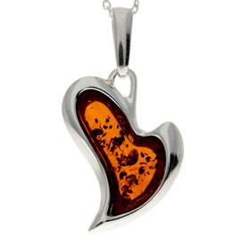 Genuine Baltic Cognac Amber & Sterling Silver Modern Heart Pendant without Chain - AC215C