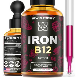 Liquid Iron Supplement for Women & Men with Vitamin B12 5000mcg - Free Blood Builder for Anemia - Liquid Vitamin B12 Drops for Adults with MCT Oil, Natural Grape Flavor, 2 Fl Oz