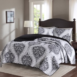 Comfort Spaces Coco 3 Piece Quilt Coverlet Bedspread Ultra Soft Printed Damask Pattern Hypoallergenic Bedding Set, Full/Queen, Black