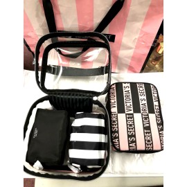Victoria's Secret Victoria’s Secret Train Case Travel Tote Clear Pink Stripe Logo 4 Piece Set NWT