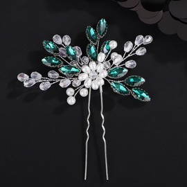 Octwine Handmade Bride Wedding Green Rhinestone Hair Pins Bridal Hair Accessories Rhinestone Pearls Hair Pins Crystal Hair Clips for Women