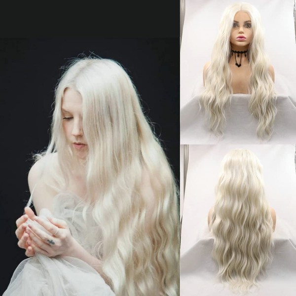 SereneWig Ladies Wavy Long White Blonde Synthetic Lace Front Wigs Festival Cosplay Party Pastel Blonde Natural Color