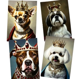 Royal Dog Greeting Card Set (16 blank inside dog cards and 18 envelopes, 4X6 Inch) four cute designs of bichon, pitbull, chihuahua and shih tzu as kings and queens