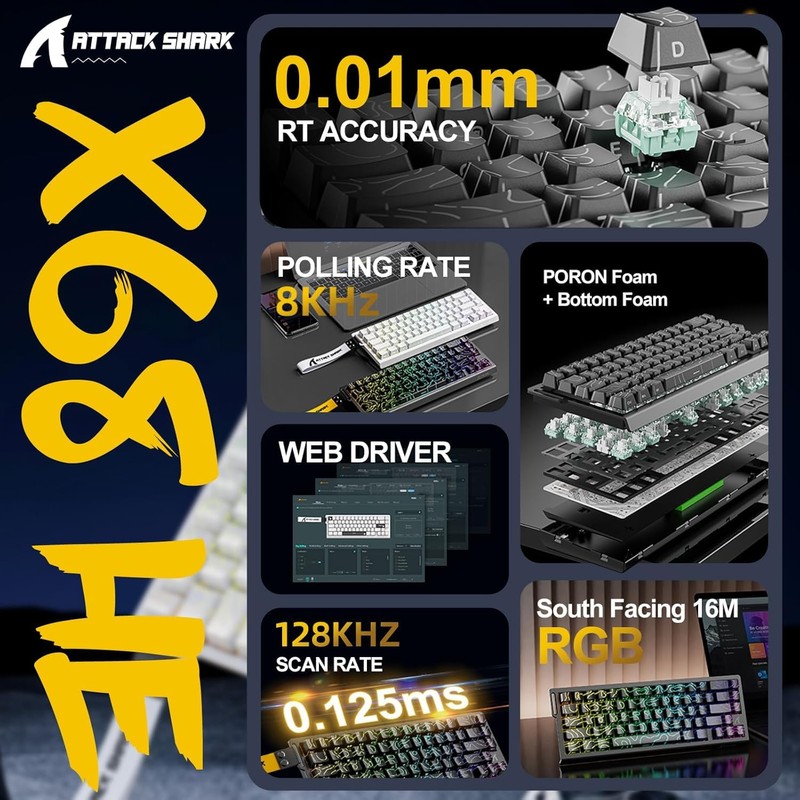 ATTACK SHARK X68 HE 8000Hz Rapid Trigger Keyboard, 0.01mm RT