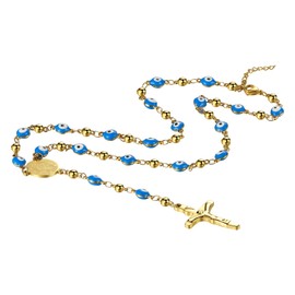 Flongo Evil Eye Rosary Necklace: Y Necklace with Cross Pendant Gold Evil Eye Colourful Stainless Steel Rosary Virgin Mary Catholic Religious Chain Women Men Catholicism Virgin Mary, Stainless Steel