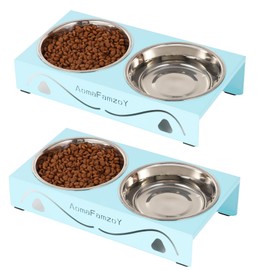 2 Pack Cat Food Bowls,Stainless Steel Cat Bowls for Indoor Cats, 5° Tilted Elevated Anti-Vomiting Cat Food and Water Bowl Set,Raised Cat Bowl with Metal Stand, Shallow Cat Dishes for Kitten,Blue