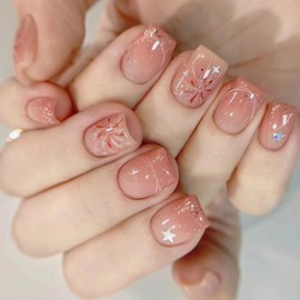 Boloshine Pack of 24 Press On Nails, Glossy Press On Nails, Square, Short, Artificial False Nails with Designs, Ballerina Acrylic Full Cover Nail Tips for Women and Girls, Ephemeral Fireworks